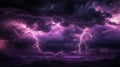 At night, a dark sky is dramatically lit by lightning that illuminates purple storm clouds Royalty Free Stock Photo