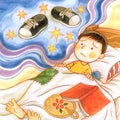 In the Night and Day Poor Little Boy Dreaming of the New Shoes Watercolor llustration