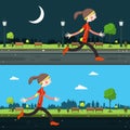 Night and Day Run in City. Running Woman.