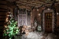 Night in decorated winter patio.