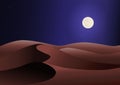 Night desert with dunes, moon and stars