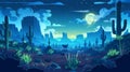 Night desert landscape in Arizona with cacti and rocks, full moon shining in the sky, cartoon illustration of coyotes in Royalty Free Stock Photo