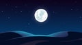 Night Desert Landscape Illustration, Starry Sky, Full Moon, Dune, Hills Royalty Free Stock Photo