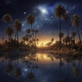 Night desert oasis under full moon starry sky. Cartoon landscape river, sand dunes, palm trees and plants, Deserted sahara nature Royalty Free Stock Photo