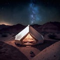Night in a desert, tent under a clear sky