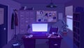 Night detective office. Dark private investigator room police station for crime investigation, computer light on