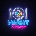 Night Dinner neon sign vector. Restaurant logo Design template neon sign, light banner, neon signboard, nightly bright Royalty Free Stock Photo