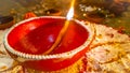 Night Of Diwali, Big Diya Lamp Burning Above Beautiful Rangoli. Indian Festival.