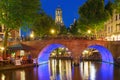 Night Dom Tower and bridge, Utrecht, Netherlands Royalty Free Stock Photo