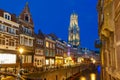 Night Dom Tower and bridge, Utrecht, Netherlands Royalty Free Stock Photo