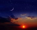 Night  dramatic sunset and  moon on  starry sky star  fall wind on blue lilac nebula  with planet flares universe weather forecast Royalty Free Stock Photo