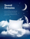 Night dream pillow. Advertizing poster with pillows clouds and feathers comfortable space vector realistic concept