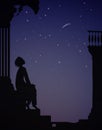 Night dreamer, boy sits near the city houses and look at the stars, dreams