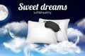 Night dreams poster. Relax concept placard with soft comfortable pillow and sleeping mask on clouds vector realistic