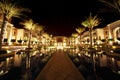 Night Dubai street with palms and pool Royalty Free Stock Photo