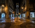 Night on the empty streets and squares of the old city of Lisbon. Lift Santa Justa. Portugal Royalty Free Stock Photo