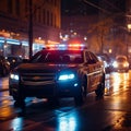 Night enforcement Police car lights blaze through the urban night Royalty Free Stock Photo