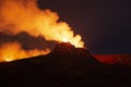 Night eruption close to volcano cone Iceland