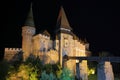 Night exterior picture of the gothic Vajdahunyad (Hunedoara) castle in Transylvania, Romania.