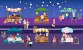 Night fair flat vector illustration. Outdoor street market stalls, summer trade tents with sellers and buyers. Flowers, farmers