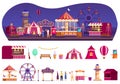 Night fair icons set cartoon . Market stall