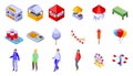 Night fair icons set isometric vector. Outdoor market stall