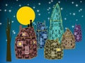 Night fairy country houses. Lovely greeting card with cats sitting on the top of the roof watching moon and stars Royalty Free Stock Photo