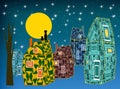 Night fairy country houses. Lovely greeting card with cats sitting on the top of the roof watching moon and stars