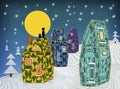 Night fairy country houses. Lovely winter greeting card with cats sitting on the top of the roof watching moon and stars. Merry Royalty Free Stock Photo