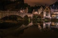 Night falls in the town of Dinan, Brittany