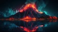 Night fantasy landscape with abstract mountains and island on the water, explosive volcano with burning lava. Generative ai