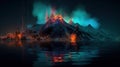 Night fantasy landscape with abstract mountains and island on the water, explosive volcano with burning lava. Generative ai