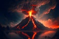 Night fantasy landscape with abstract mountains and island on the water, explosive volcano with burning lava. Neural