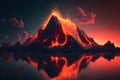 Night fantasy landscape with abstract mountains and island on the water, explosive volcano with burning lava. Neural