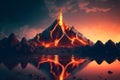 Night fantasy landscape with abstract mountains and island on the water, explosive volcano with burning lava. Neural