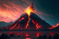 Night fantasy landscape with abstract mountains and island on the water, explosive volcano with burning lava. Neural