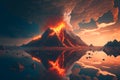 Night fantasy landscape with abstract mountains and island on the water, explosive volcano with burning lava. Neural