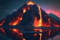 Night fantasy landscape with abstract mountains and island on the water, explosive volcano with burning lava. Neural