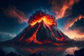 Night fantasy landscape with abstract mountains and island on the water, explosive volcano with burning lava. Neural