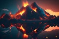 Night fantasy landscape with abstract mountains and island on the water, explosive volcano with burning lava. Neural