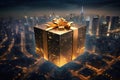 Night festive cityscape scene with blue present. Skyscrapers and gift box with golden ribbon bow. Sale and discount Royalty Free Stock Photo