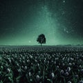 Night field of tulips and lonely tree Royalty Free Stock Photo