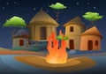 Night by fire. Africa village. Rural houses made of clay and straw. African landscape. Acacia trees. Vector Royalty Free Stock Photo