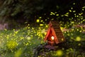 At night, fireflies flit around a wooden bird\'s nest on a hill. Royalty Free Stock Photo