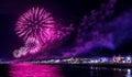 Night fireworks explosion on seafront. Rimini Notte Rosa