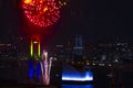 A night fireworks near Rainbow bridge at the urban city in Tokyo long shot Royalty Free Stock Photo