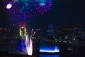 A night fireworks near Rainbow bridge at the urban city in Tokyo long shot Royalty Free Stock Photo