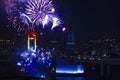 A night fireworks near Rainbow bridge at the urban city in Tokyo long shot Royalty Free Stock Photo