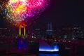 A night fireworks near Rainbow bridge at the urban city in Tokyo long shot Royalty Free Stock Photo