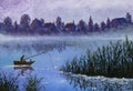 Night fishing on rural village lake water. Village Russian landscape